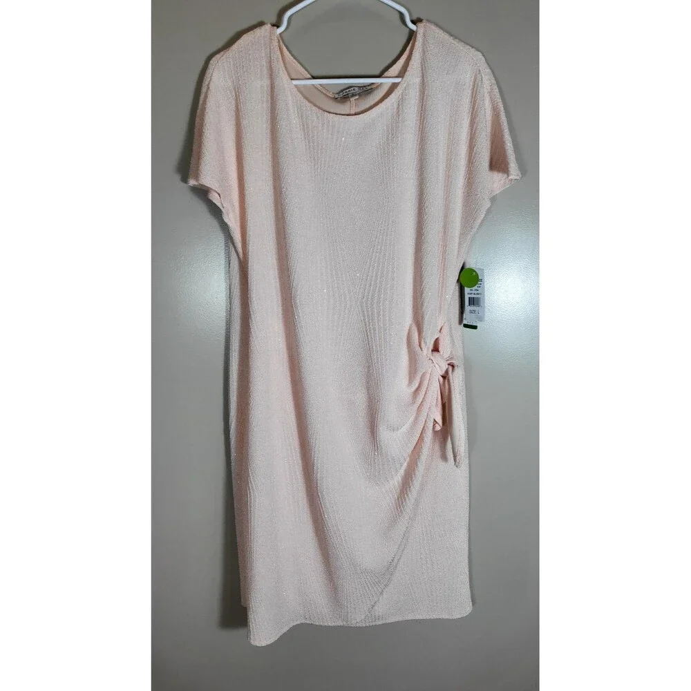 Women L Blush Pink Glitter Side Tie Dress NWT Knee Length Cocktail Party FLAW